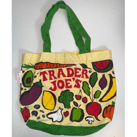 Trader Joes Reusable Tote Canvas Grocery Bag Tote Green Handles Fruit Vegetable - Picture 1 of 7